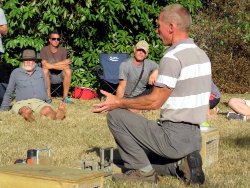 Mike White (Fixit) talking about predator trap maintenance issues at our Trust picnic/ BBQ.