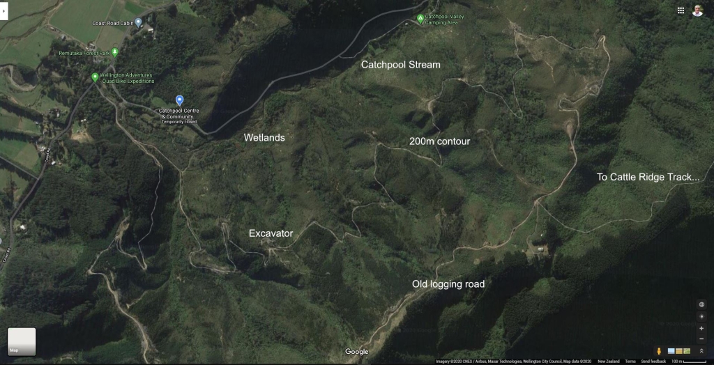 Satellite map of the restoration zone showing the path to be excavated along the 200m contour line